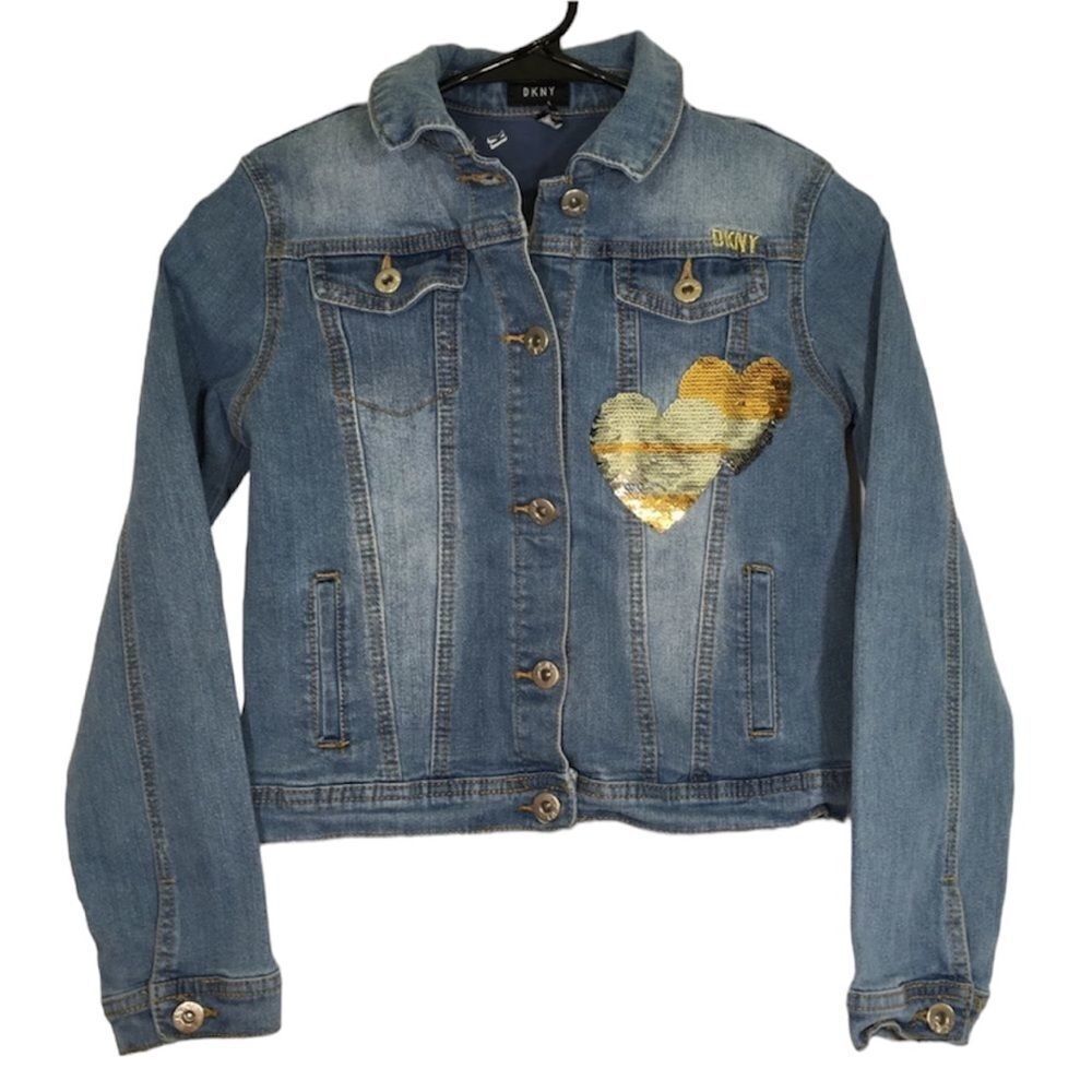 DKNY SEQUINS DENIM BUTTON UP LONG SLEEVE JACKET GIRL LARGE